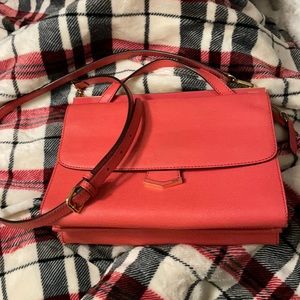 Authentic Fendi coral 2 Jour flap front top handle bag with crossbody strap.